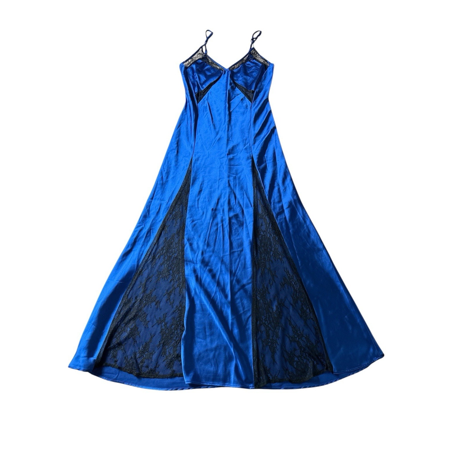 Delfi Collective Alexis Dress Size Small Blue Satin Black Lace Panels Slip Maxi — image 3 of 8